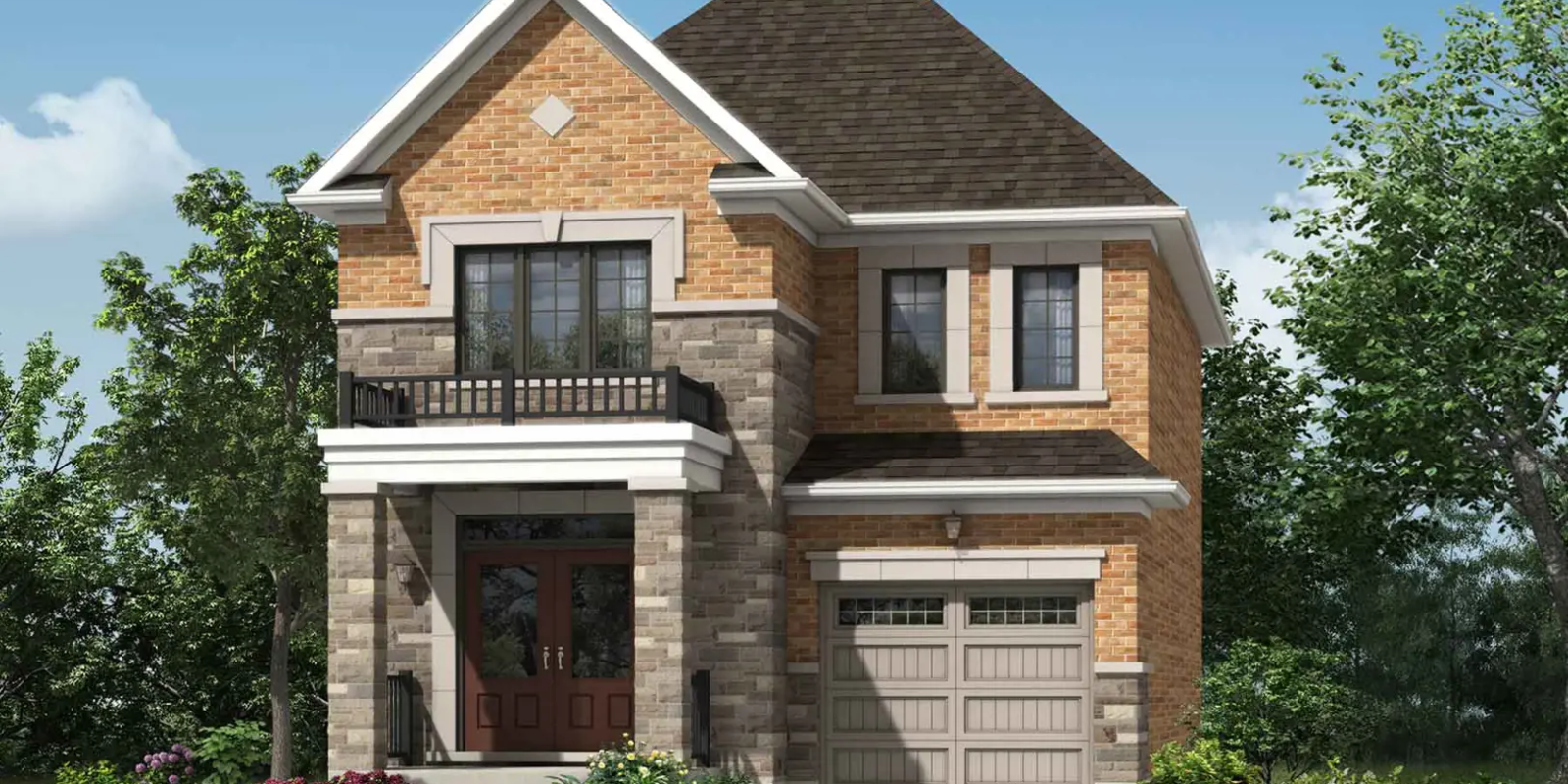 Charming Streetscape – Seaton Whitevale Detached Homes Townhome model at Seaton Whitevale in Pickering, with a modern facade and landscaped driveway