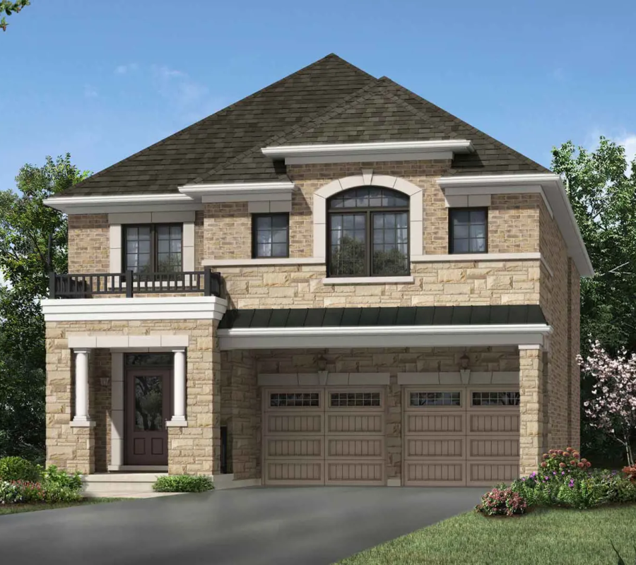 Front view of a Seaton Whitevale detached home in Pickering, featuring gabled roofs, brickwork, and a double garage