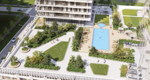 Aquanova Aereal View Terrace with view of a pool, sidewalk, and the street