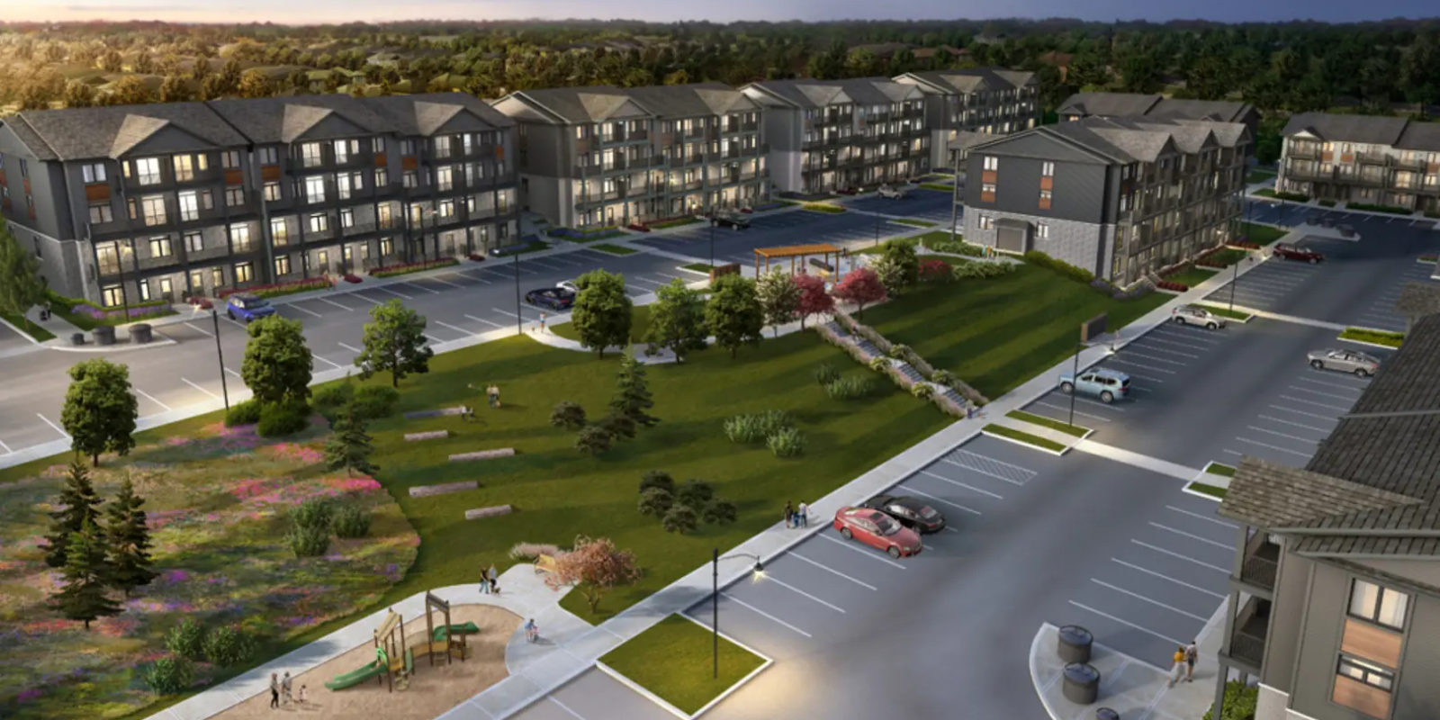 Nomi Townhomes Aereal View Project with beautiful spaces showcasing plenty of parkspace and green living areas