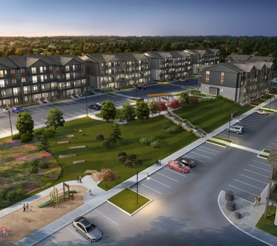 Nomi Townhomes Aereal View Project with beautiful spaces showcasing plenty of parkspace and green living areas