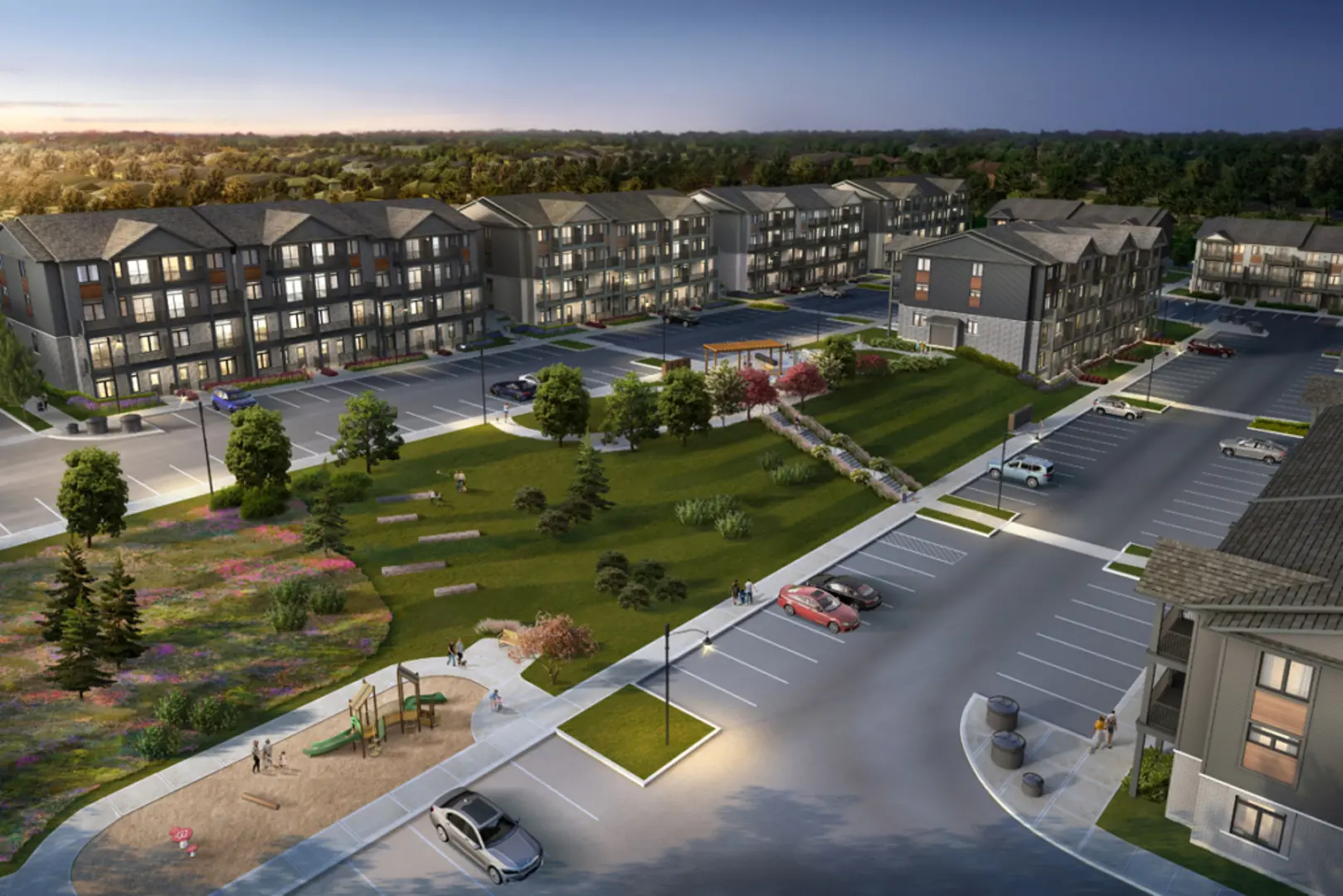 Nomi Townhomes Aereal View Project with beautiful spaces showcasing plenty of parkspace and green living areas