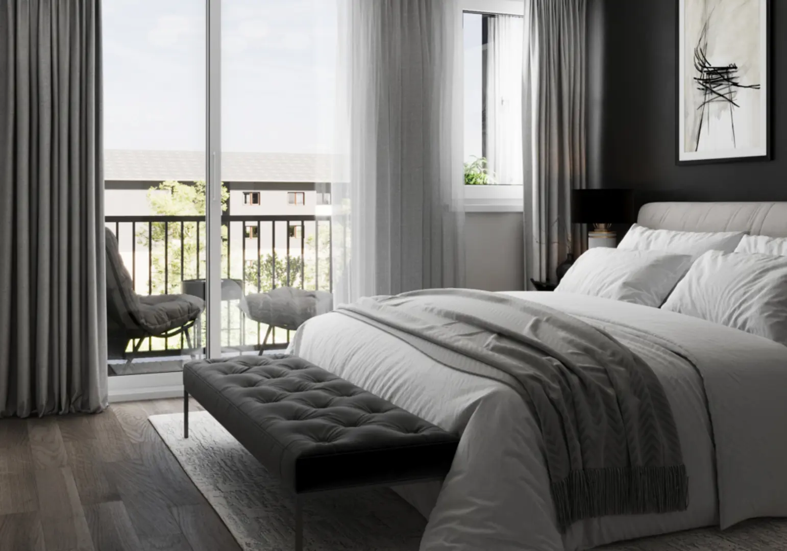 Nomi Townhomes Bedroom fully decorated with view of the balcony