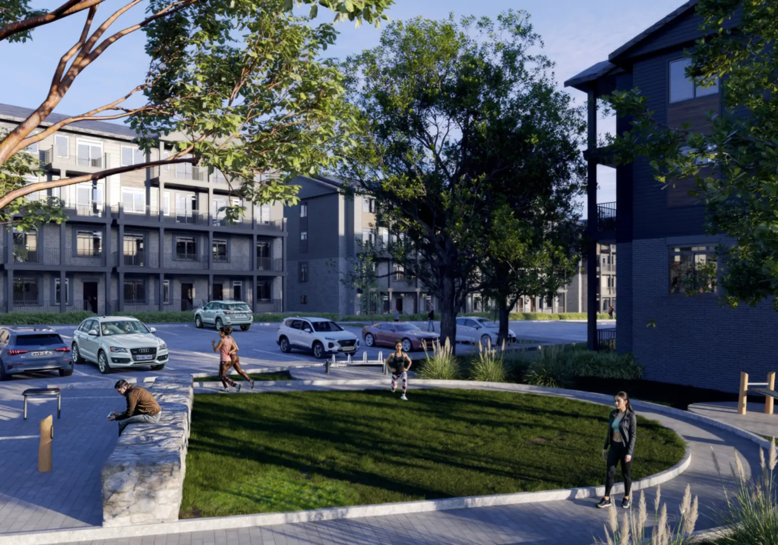 Nomi Townhomes Park View with people working out in a beautiful street with landscaped grass