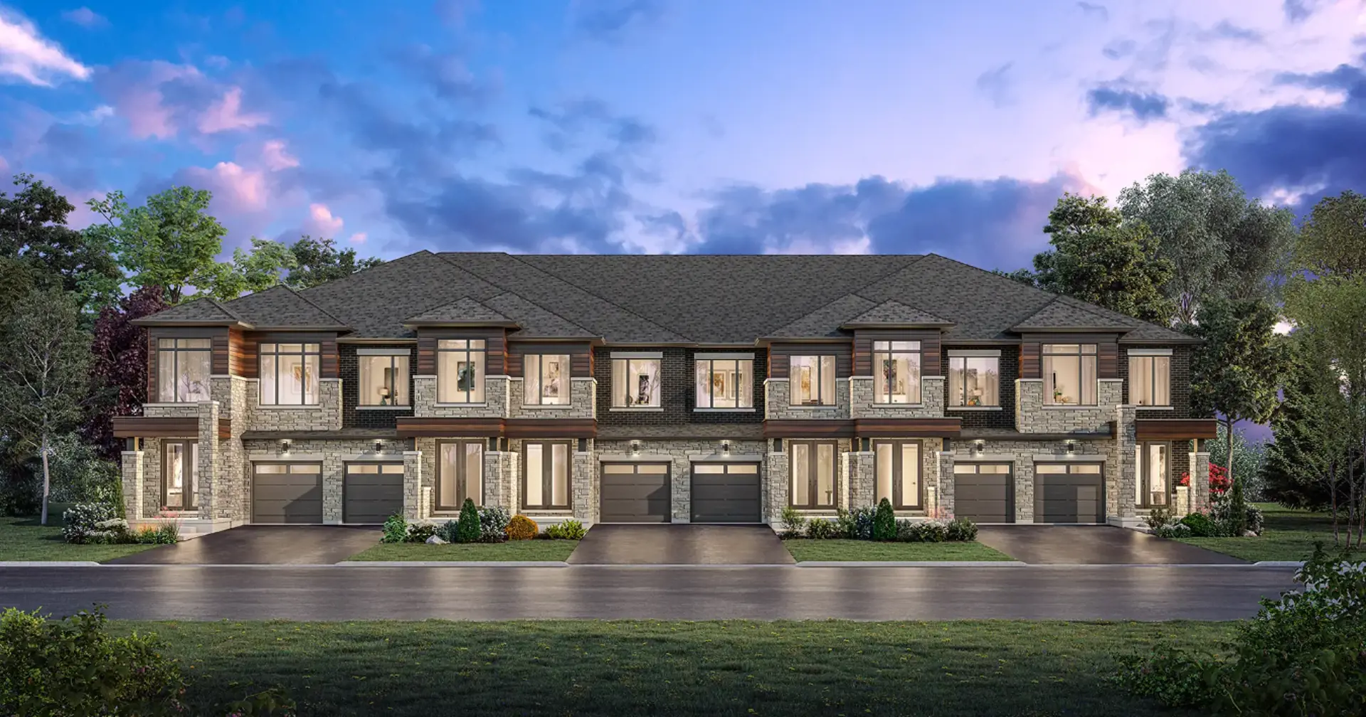 Render of duffering Vistas Exterior Point of View displaying freehold townhomes